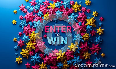 Enter to Win bold 3D text surrounded by vibrant multicolored stars, symbolizing contest, sweepstakes, rewards, chance, and Stock Photo