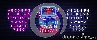 Enter to win Prizes neon sign vector design template. Gift neon design, light banner design element colorful modern Vector Illustration