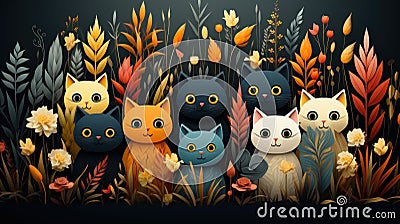 Enter a world of imaginative wonder with a vector graphic design featuring childlike drawings of cats hiding among vibrant plants Stock Photo