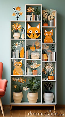 Enter a world of imaginative wonder with a vector graphic design featuring childlike drawings of cats hiding among vibrant plants Stock Photo