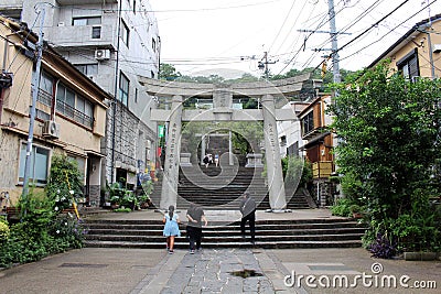 Entering the entrance gate of Suwa Shrine of Nagasaki from the main street Editorial Stock Photo