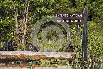 Entering National Wilderness Area kayak Canoe trail direction sign Okefenokee Swamp National Wildlife Refuge, Georgia USA