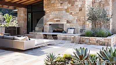 Entering the outdoor patio the minimalist sandstone design continues with a sleek stone fireplace taking center stage Stock Photo