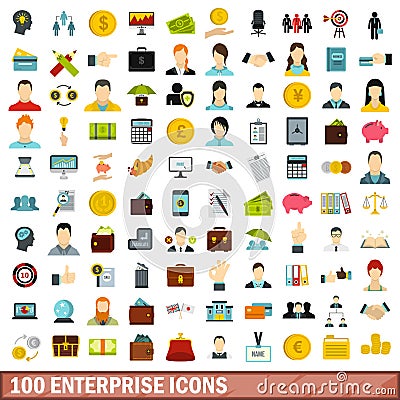 100 enterprise icons set, flat style Vector Illustration