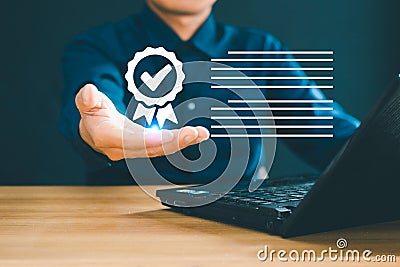 Enterprise performance checklist. Men use computers to conduct online checklist surveys and fill out digital checklists Stock Photo