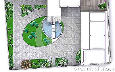 Entertaining backyard aerial view, rendering sketch Cartoon Illustration