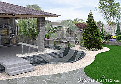Entertaining backyard garden creation, 3D illustration Stock Photo