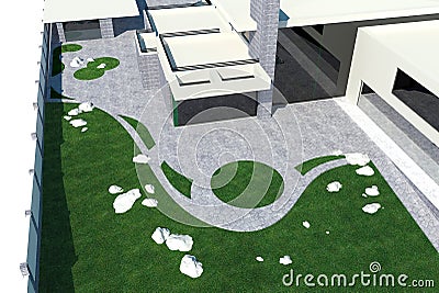 Entertaining backyard landscaping, aerial 3D illustration. Cartoon Illustration