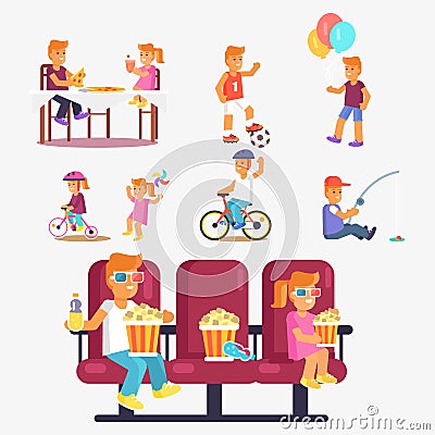 Entertaining Children in Cinema, Riding Bike etc Vector Illustration