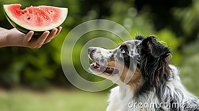 The Entertaining Conundrum: A Playful Australian Shepherd Begs for a Watermelon Treat Stock Photo