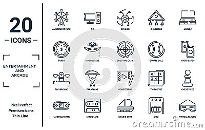 entertainment.and.arcade linear icon set. includes thin line amusement park, token, playground, handheld game, virtual reality Vector Illustration