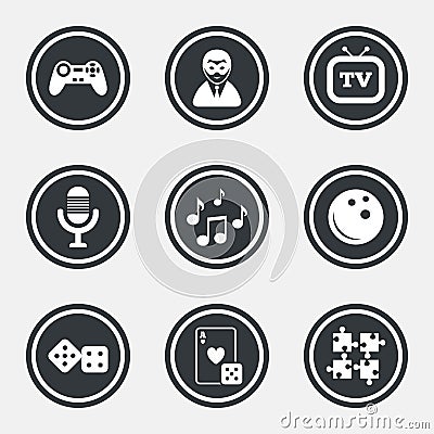 Entertainment icons. Game, bowling and puzzle. Vector Illustration