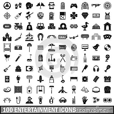 100 entertainment icons set, simple style Vector Illustration