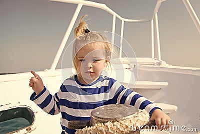 Entertainment jobs. Baby boy enjoy vacation sea cruise ship. Child sailor. Boy sailor travelling sea. Boy sailor striped Stock Photo