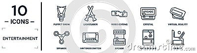 entertainment linear icon set. includes thin line puppet show, video editing, virtual reality glasses, nintendo switch, arcade Vector Illustration