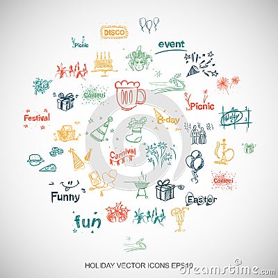 Entertainment, Multicolor doodles Hand Drawn Holiday Icons set on White. EPS10 vector illustration. Vector Illustration