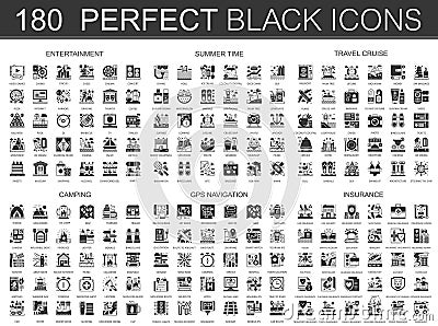 180 entertainment, summer time, travel cruise, camping, gps navigation and insurance classic black mini concept symbols Vector Illustration