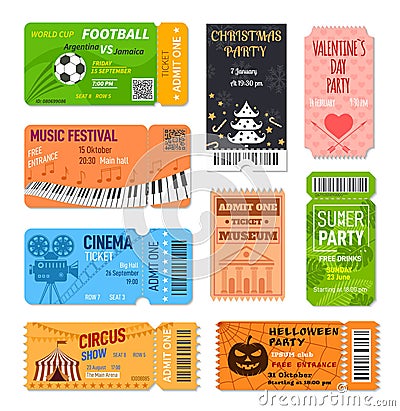 Entertainment tickets. Card for entrance, ticket on concept, cinema or music festival. Event soccer flyer, summer party Vector Illustration