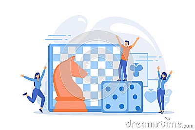 Entertainment of tiny people playing and winning chess, game cards and dice. Board game, leisure time activity, whole family Vector Illustration