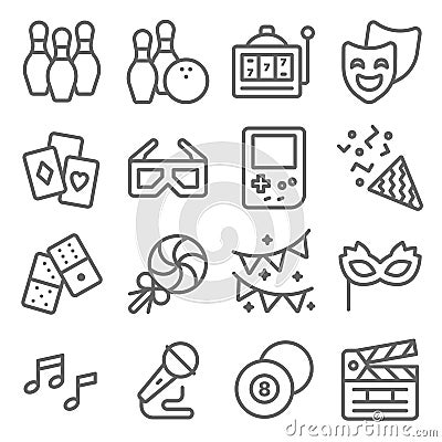 Entertainment Vector Line Icon Set. Contains such Icons as Confetti, Slot Machine, Bowling, Party Mask, Slate Movie and more. Expa Vector Illustration