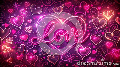 Enthralling Neon Pink Background with Abstract Hearts Swirling Patterns and Romantic Cursive Script A Whimsical Love Stock Photo