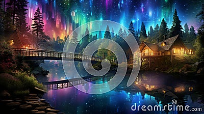 Enthralling night sky spectacle displaying the mesmerizing aurora borealis phenomenon Cartoon Illustration