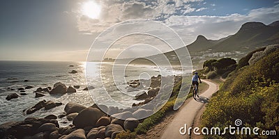 An enthusiastic cyclist riding along a scenic coastal path, emphasizing the health benefits and enjoyment of outdoor Stock Photo