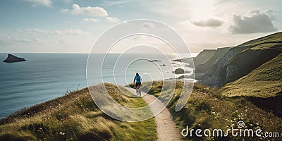 An enthusiastic cyclist riding along a scenic coastal path, emphasizing the health benefits and enjoyment of outdoor Stock Photo