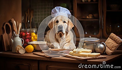 Enthusiastic dog chef in a cooking hat preparing nutritious meals for animals in the kitchen Stock Photo