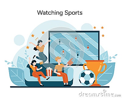 Enthusiastic fans experience the thrill of the game from their living room, a portrayal of sports fandom and shared Vector Illustration