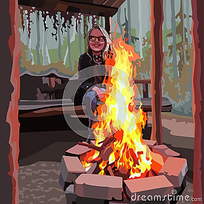 Enthusiastic girl with glasses sitting around a bonfire Vector Illustration