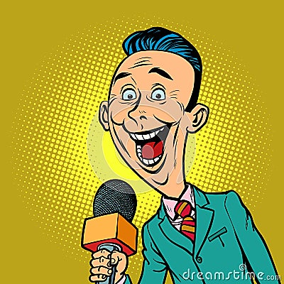 Enthusiastic joyful reporter correspondent journalist male Vector Illustration