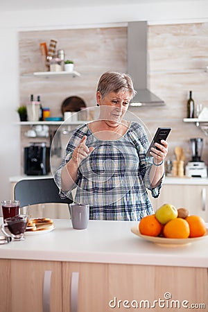 Enthusiastic senior woman speaking on mobile phone webcam with family Stock Photo