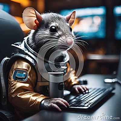 Enthusiastic smart rat programmer in a space suit with a thermos of coffee working at the computer Stock Photo