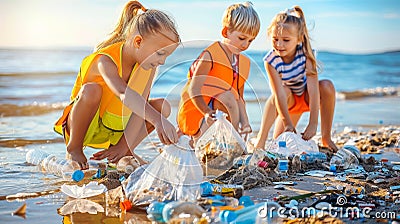 Enthusiastic student volunteers in school uniforms sorting recyclables and cleaning beach at sunset. Stock Photo