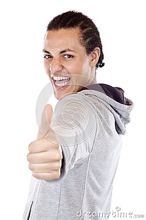 Enthusiastic teenager holds thumb up Stock Photo