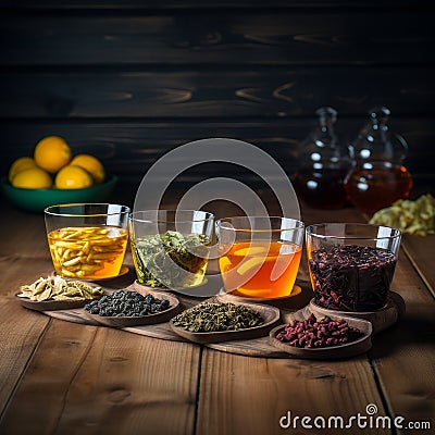 Tea Varieties and Ingredients Display: Aromatic Choices Stock Photo