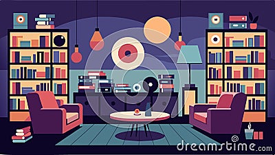 An entire room is dedicated to the record wall in this upscale lounge with floortoceiling shelves filled with vinyls Vector Illustration