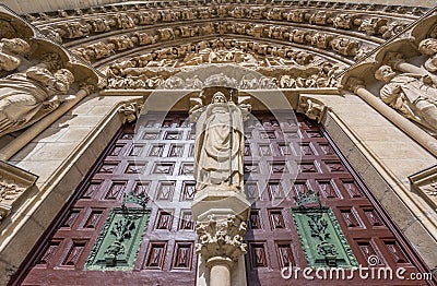 Entrance of beautiful gothic Cathedral of Saint Mary of Burgos (Santa Maria de Burgos). Spain Editorial Stock Photo