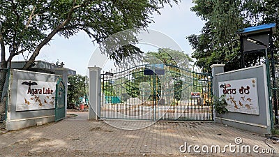 Entrance board of beautiful Agara lake. Well maintained lake in Bangalore for walking, relaxation Editorial Stock Photo