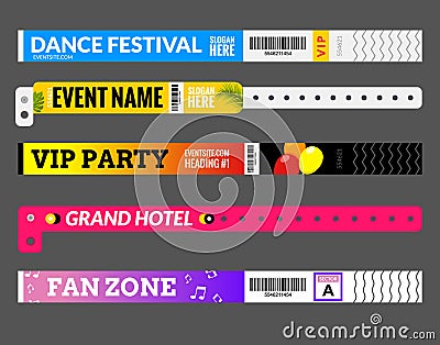 Entrance bracelet at concert event zone festival. Access id template design. Perfoming carnival or dance wristband design entrance Vector Illustration