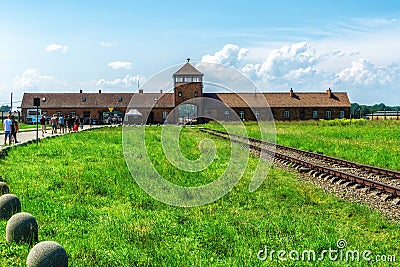 Entrance building and railway line of the former Auschwitz IIâ€“Birkenau concentration camp Editorial Stock Photo