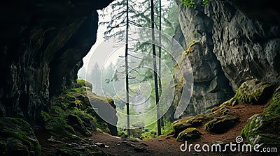 Mossy Cave With Trees: A Hazy Landscape Of Calming Symmetry Stock Photo