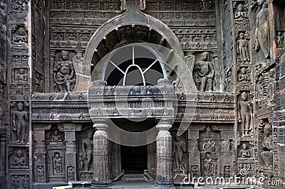 Entrance of cave decoratively carved at Ajanta Editorial Stock Photo