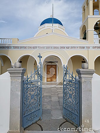 Entrance of church in Santorini Stock Photo