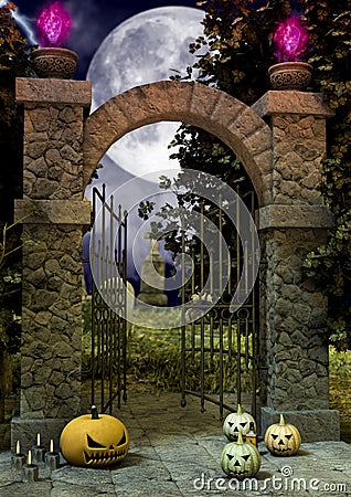 An entrance of a creepy cemetery full of Halloween pumpkins in the floor. Stock Photo