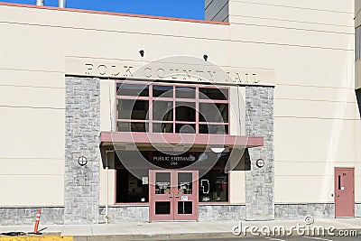 Entrance door to Polk County Jail in Dallas Oregon with name Editorial Stock Photo