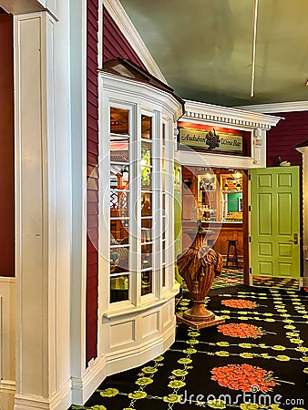 Entrance doorway to wine bar in the historic Grand Hotel on Mackinac Island in Michigan Editorial Stock Photo
