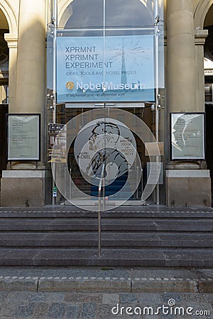 Entrance of famous Swedish Academy and Nobel Museum in Stockholm, Sweden Editorial Stock Photo