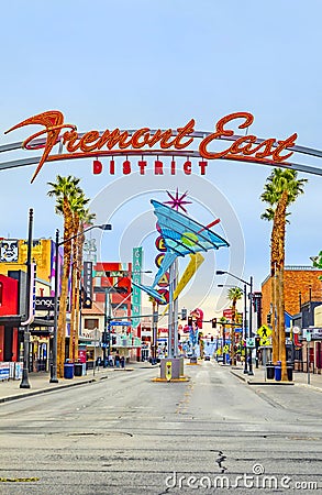 Entrance of fremont east with lots of old historic neon signs at the original old part in Las Vegas Editorial Stock Photo
